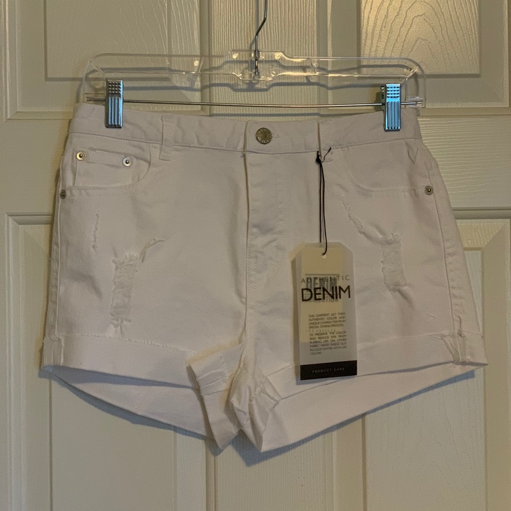 White distressed denim shorts